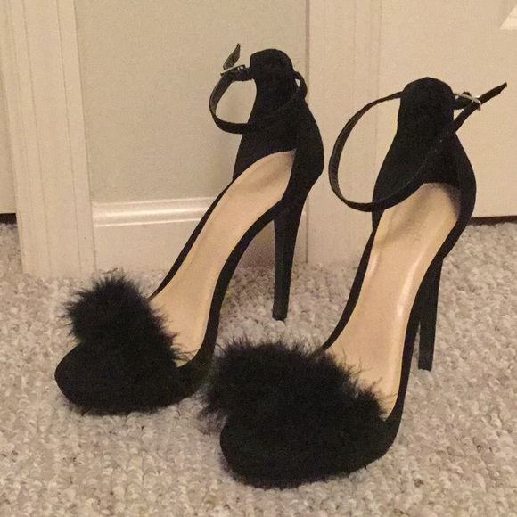 black fuzzy heels